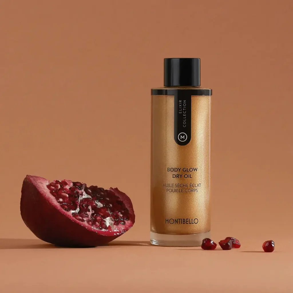 Aceite corporal iluminador Montibello Elixir Collection con efecto glow, aceite seco hidratante para piel luminosa en Estética Ito.