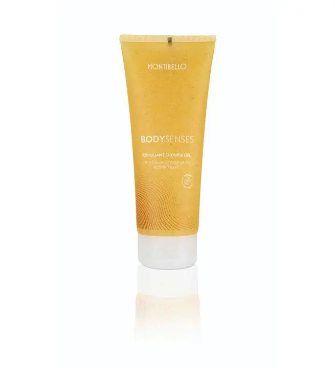 Gel de ducha exfoliante Montibello Body Senses con aceite esencial de naranja para piel suave, renovada y sedosa en Estética Ito.