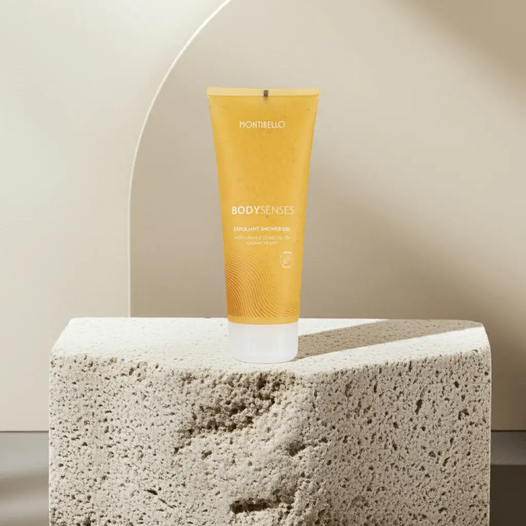 Gel de ducha exfoliante Montibello Body Senses con aceite esencial de naranja para piel suave, renovada y sedosa en Estética Ito.