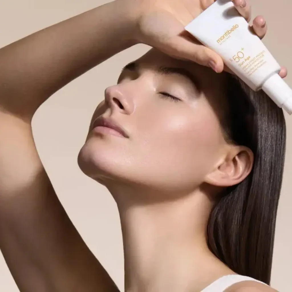 Protector solar facial con color SPF50+ Montibello Sunage con niacinamida, fotoprotector urbano antiedad para piel luminosa en Estética Ito.
