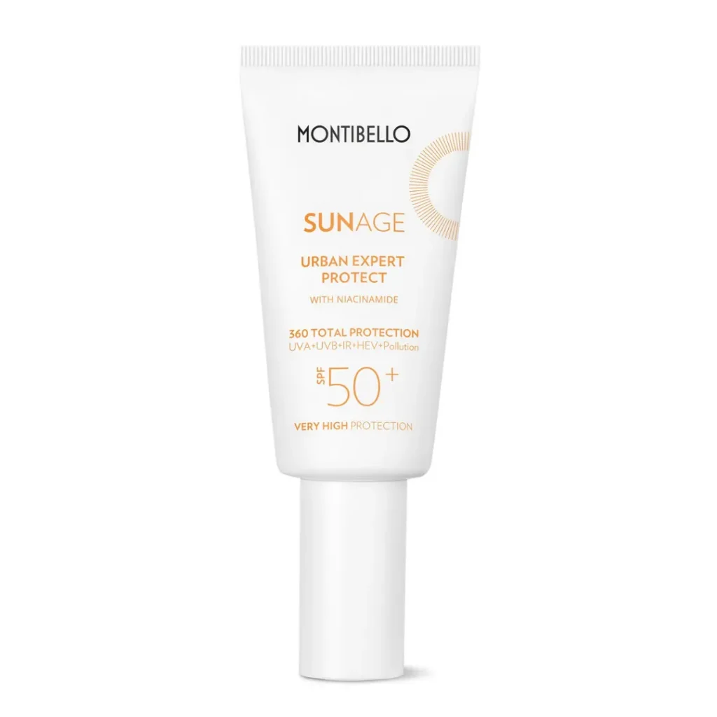 Protector solar facial SPF50+ Montibello Sun Age con niacinamida, fotoprotector urbano antiedad para todo tipo de piel en Estética Ito.